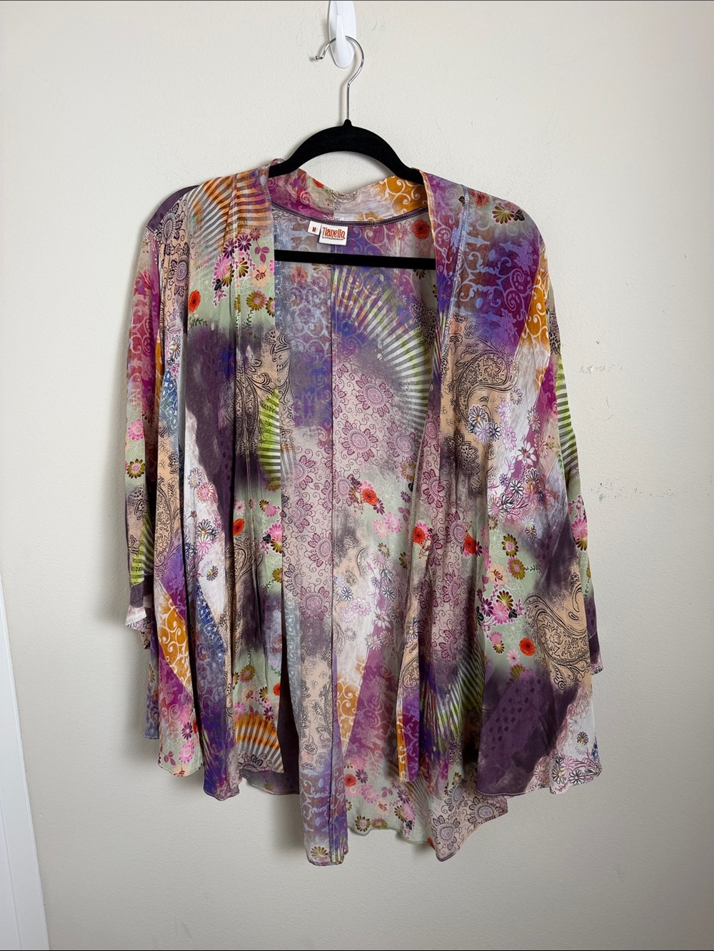 Tianello Silk Asian Print Floral Open Front Kimono Size Medium